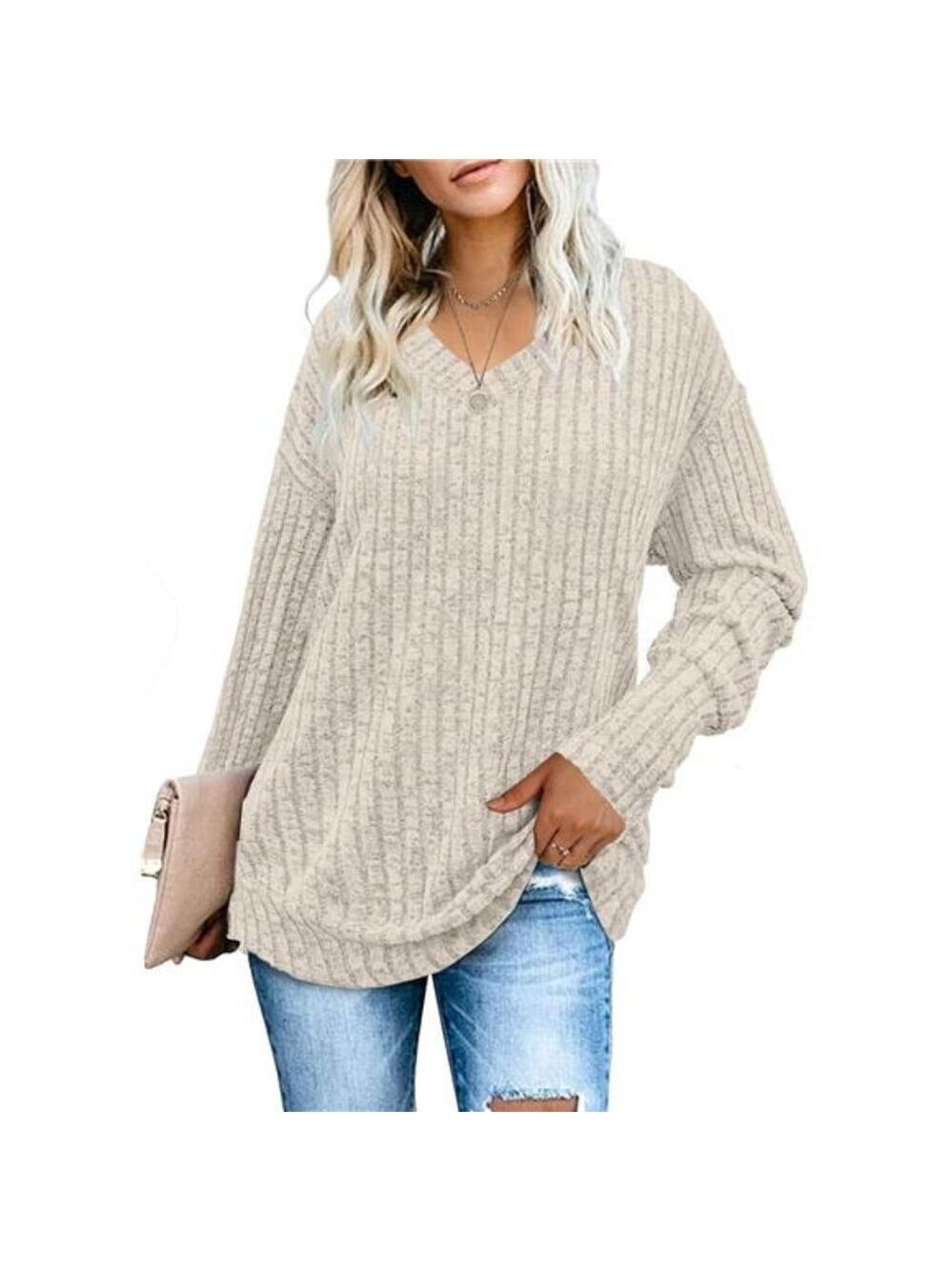 Womens V Neck Sweatshirt Long Sleeve Casual Loose Tunic Top Fall Winter Shirt - Picture 2 of 5
